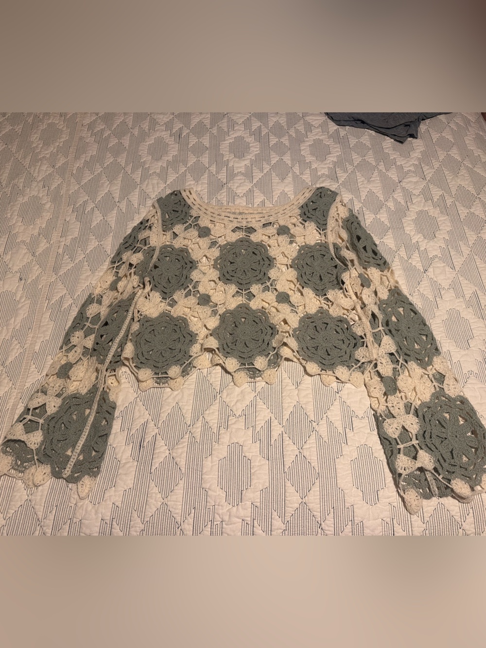 Hem & Thread Cream and Light Gray Crochet Sweater